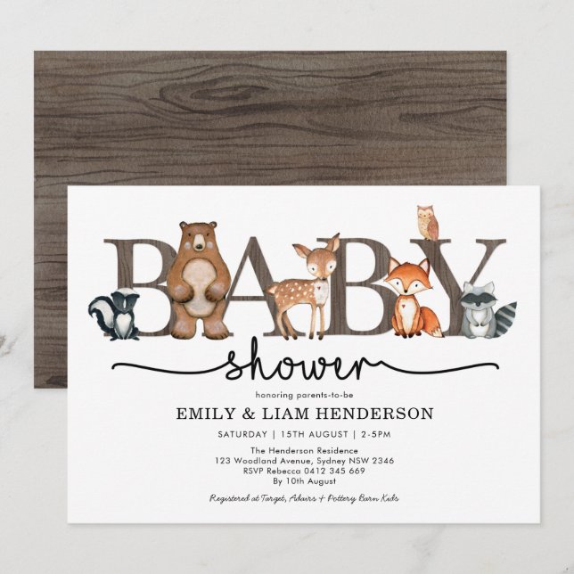 Rustic Forest Woodland Animals Baby Shower Inbjudningar (Fram/baksida)