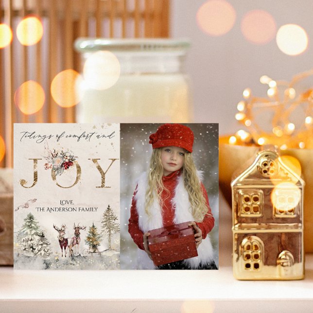 Rustic Forest Woodland Hjort Joy jul Photo Julkort (Skapare uppladdad)