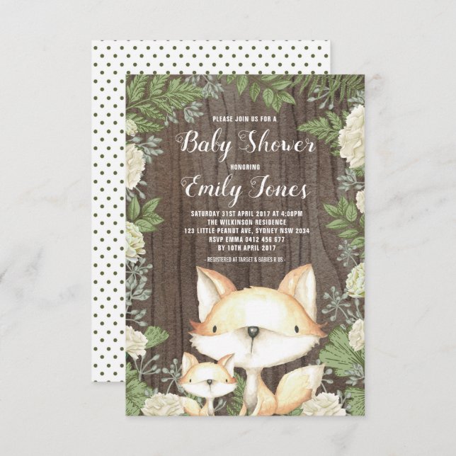 Rustic Fox Baby Shower Botanical Greenery Inbjudningar (Fram/baksida)