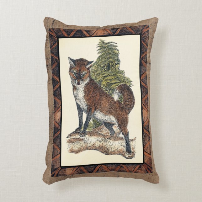 Rustic Fox Steg på en Träd-trunk Prydnadskudde (Framsidan(Vertikal))