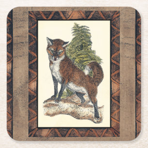 Rustic Fox Steg på en Träd-trunk Underlägg Papper Kvadrat