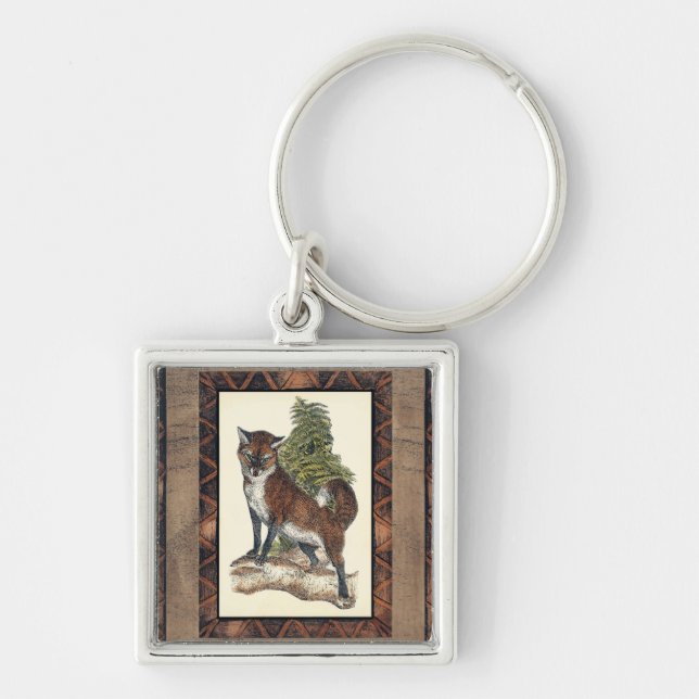 Rustic Fox Stepping på en Träd Trunk Fyrkantig Silverfärgad Nyckelring (Framsidan)