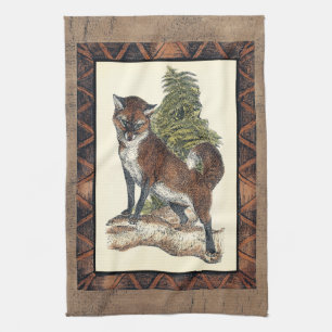 Rustic Fox Stepping på en Träd Trunk Kökshandduk