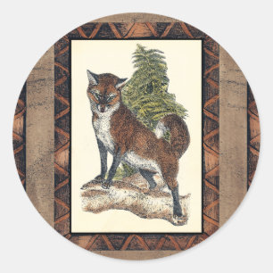 Rustic Fox Stepping på en Träd Trunk Runt Klistermärke