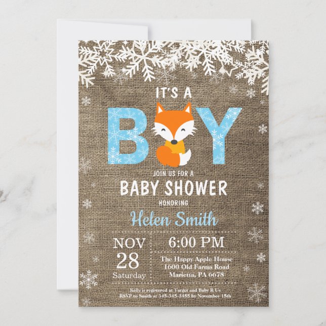 Rustic Fox Vinter Pojke Baby Shower Inbjudan (Framsida)