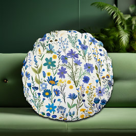 Rustic Fransk Blue Garden Wildblommor Rund Kudde