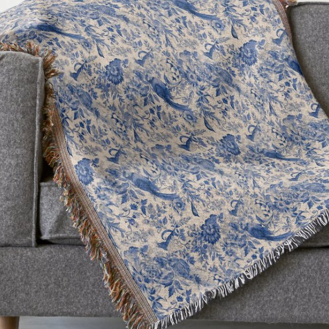 Rustic Fransk Land Blue Toile de Jouy Filt (Rustic French Country Blue Toile de Jouy Throw Blanket by Graphic Allusions)