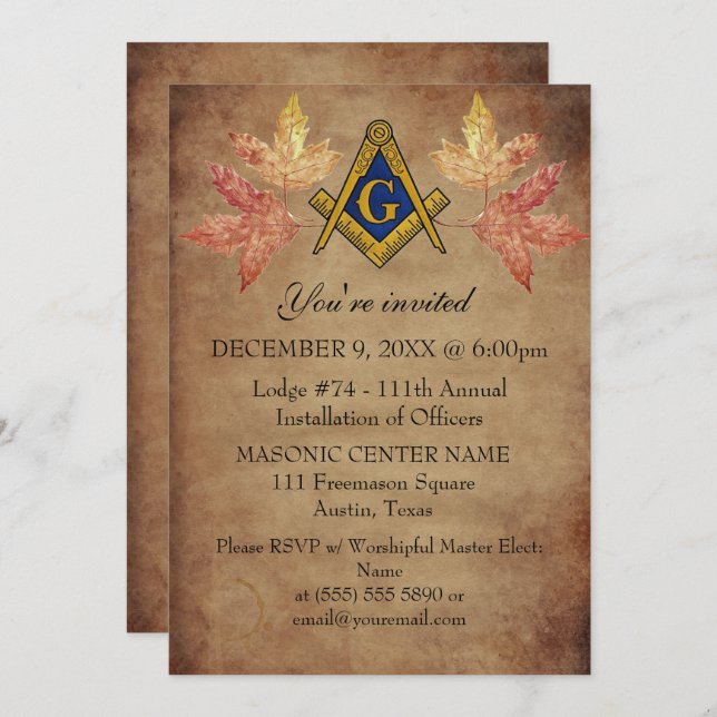 Rustic Freemason Masonry Autumn Fall Masonic Inbjudningar (Fram/baksida)
