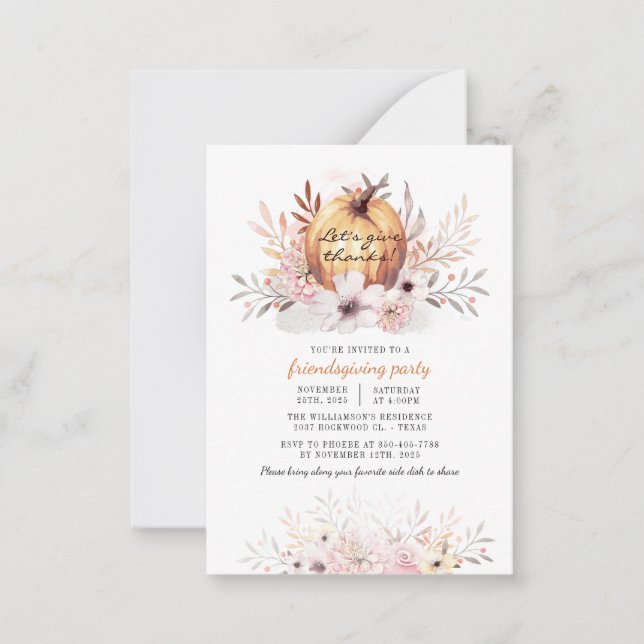 Rustic Friendsgiving Blommigt Höst löv Pumpkin Anteckningskort (Framsida)