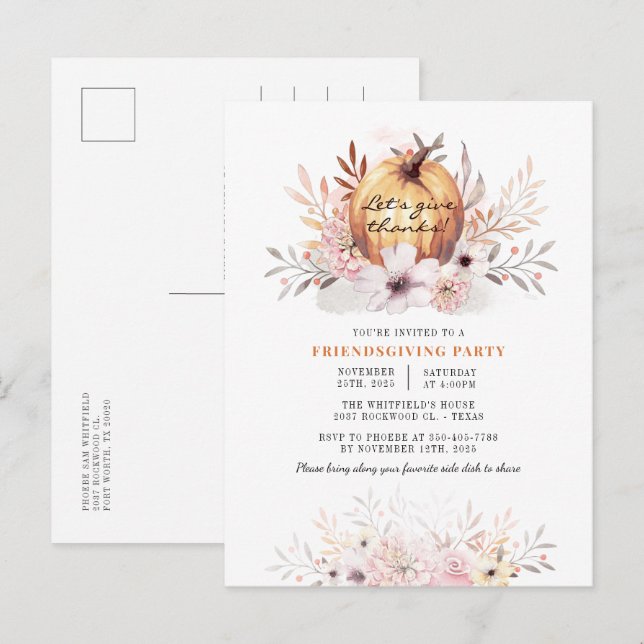 Rustic Friendsgiving Blommigt Höst löv Pumpkin Inbjudan Vykort (Fram/baksida)