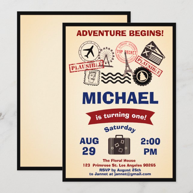 Rustic Frimärke Destination Birthday Luggage Trave Inbjudningar (Fram/baksida)