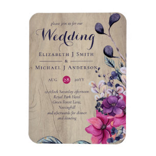 Rustic Fuchsia Blommigt Woodland Bröllop Magnet