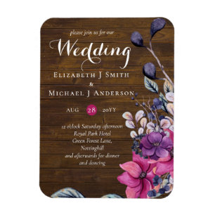 Rustic Fuchsia Blommigt Woodland Bröllop Magnet