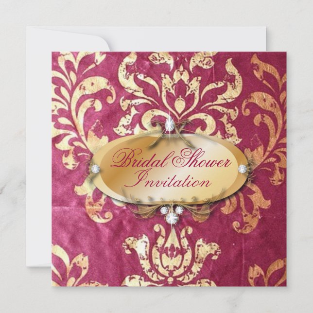 Rustic fuchsia guld damask bröllop inbjudningar (Framsida)