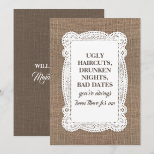 Rustic Funny Bridesmaid/Maid of honor Frieri Inbjudningar