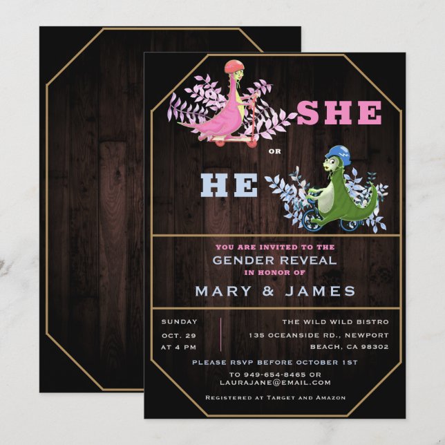 Rustic Funny Dinosaurs Foliage Gender Reveal Party Inbjudningar (Fram/baksida)