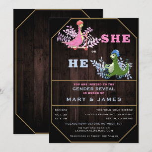 Rustic Funny Dinosaurs Foliage Gender Reveal Party Inbjudningar