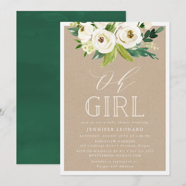 Rustic Garden Blooms | Oh Girl Baby Shower Inbjudningar (Fram/baksida)