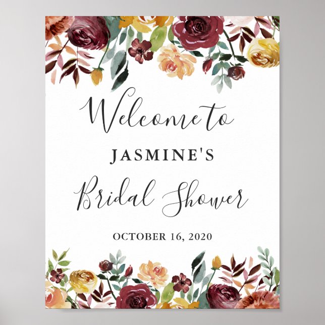 Rustic Garden Burgundy Floral Bridal Shower Sign Poster (Framsidan)