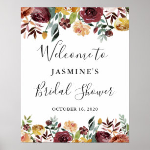 Rustic Garden Burgundy Floral Bridal Shower Sign Poster