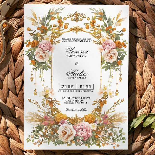 Rustic Garden Estate Blush Gold Floral Wedding  Inbjudningar (Skapare uppladdad)