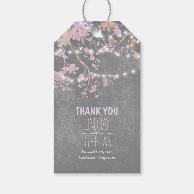 Rustic Garden String Ljus Grenar Rosa Bröllop Presentetikett (Framsidan)