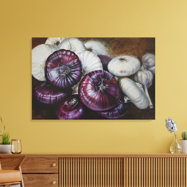 Rustic Garlic and Onion Still Life – Fine Art Canvastryck (Insitu (Vardagsrum))