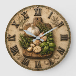 Rustic Garlic & Fresh Herbs Farmhouse Kitchen Stor Klocka