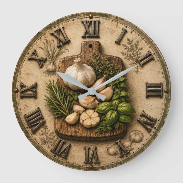 Rustic Garlic & Fresh Herbs Farmhouse Kitchen  Stor Klocka (Framsida)