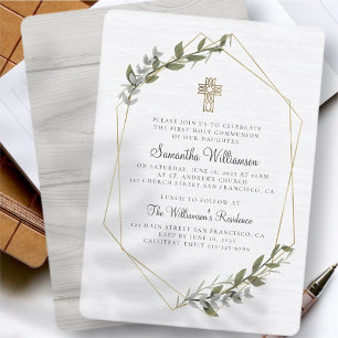 Rustic Geometric Blommigt First Communion-inbjudan Inbjudningar