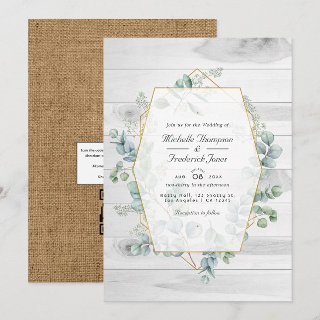 Rustic Geometric Eucalyptus QR Code Garden Wedding Inbjudningar (Fram/baksida)