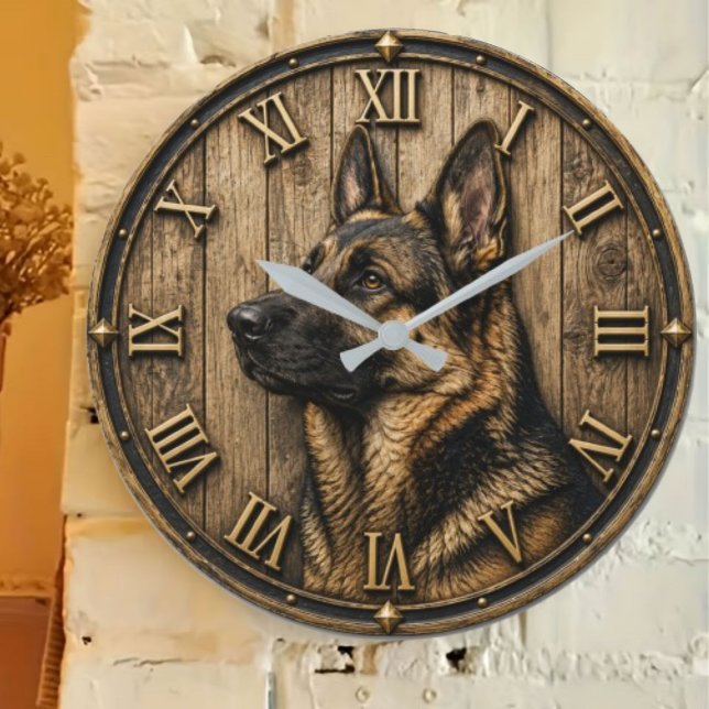 Rustic German Shepherd Portrait Farmhouse Stor Klocka (Skapare uppladdad)
