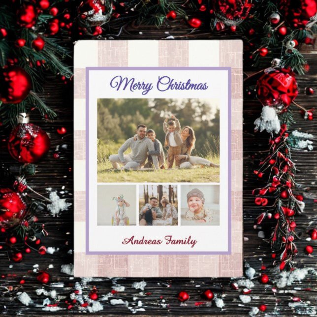 Rustic Gingham 4 Photo Collage Merry Christmas  Julkort (Skapare uppladdad)