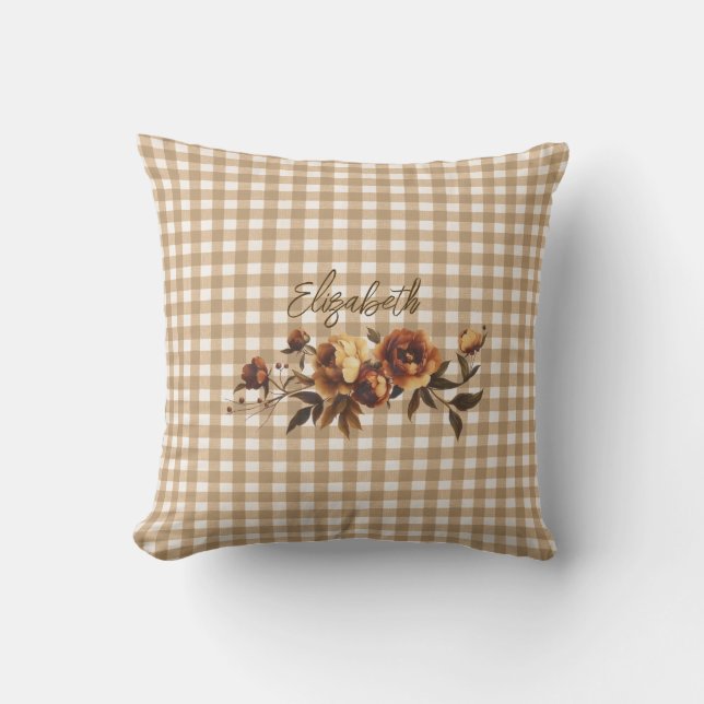 Rustic Gingham Autumn Blommigt Personlig Kudde (Framsida)