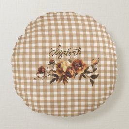 Rustic Gingham Autumn Blommigt Personlig Rund Kudde
