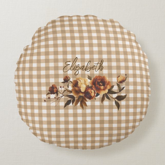 Rustic Gingham Autumn Blommigt Personlig Rund Kudde (Framsidan)