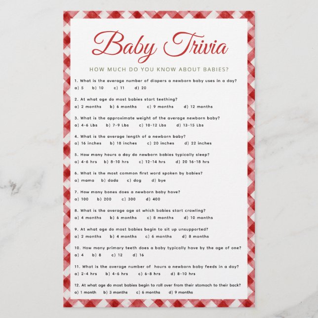 Rustic Gingham Baby Shower Trivia Game (Framsida)