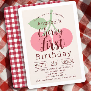 Rustic Gingham Cherry Första födelsedag Inbjudningar