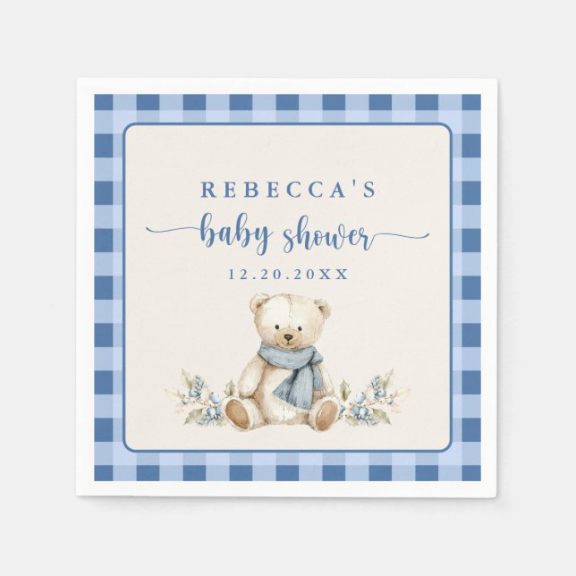 Rustic Gingham Nalle Winter Baby Shower Pappersservett (Framsidan)