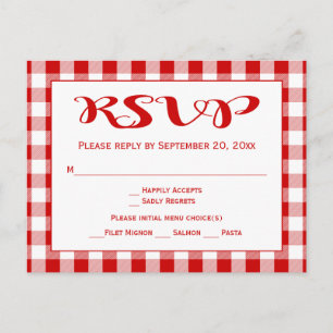 Rustic Gingham OSA Bröllop Red and White Checks Inbjudan Vykort