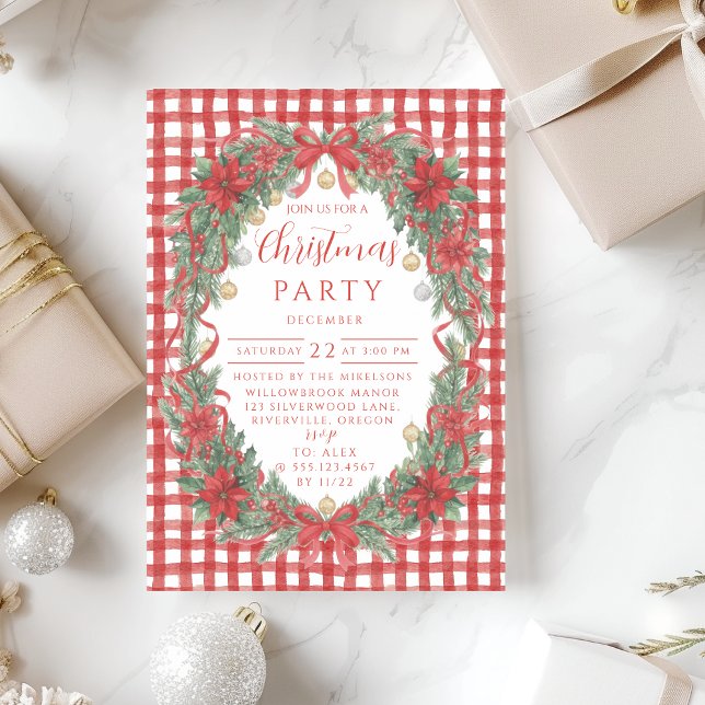 Rustic Gingham Poinsettia Christmas Inbjudningar (Skapare uppladdad)