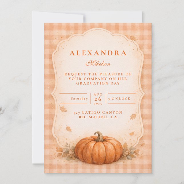 Rustic Gingham Pumpkin Fall Graduation Inbjudningar (Framsida)