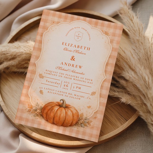 Rustic Gingham Pumpkin Fall Wedding Inbjudningar (Skapare uppladdad)