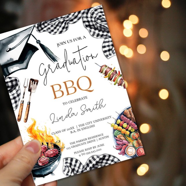 Rustic Gingham Studenten BBQ Inbjudningar (Rustic Gingham Graduation BBQ Invitation ##Rustic Gingham Graduation#BBQInvitation#bbqparty#Rustic)