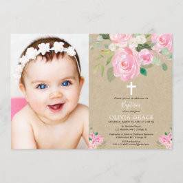 Rustic Girl blommigt baptism rosa foto Inbjudningar
