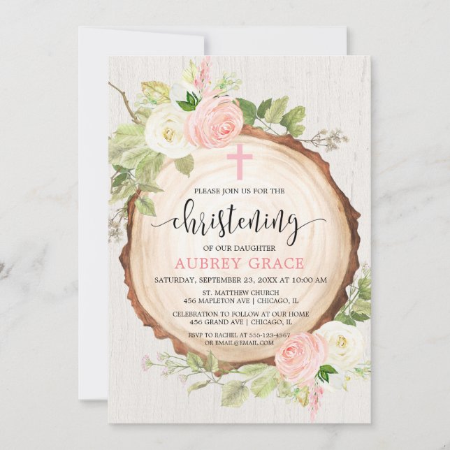 Rustic girl christening woodland rosa greenery inbjudningar (Framsida)