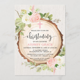 Rustic girl christening woodland rosa greenery inbjudningar