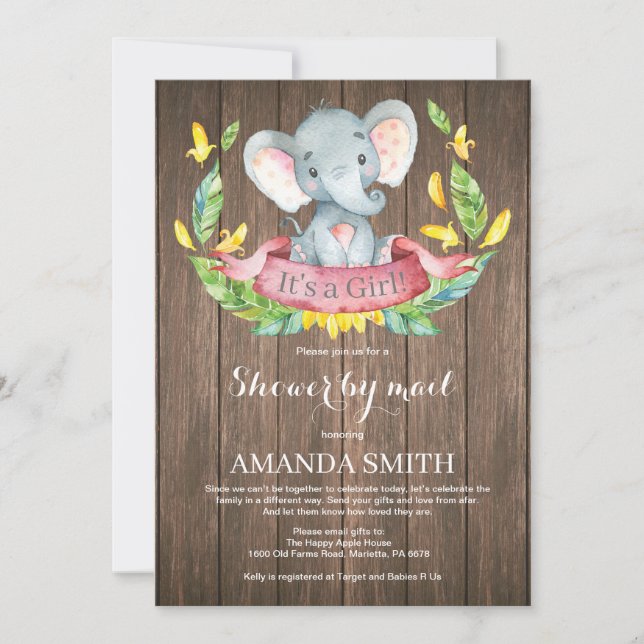 Rustic Girl Elefant Baby Shower via post Inbjudningar (Framsida)