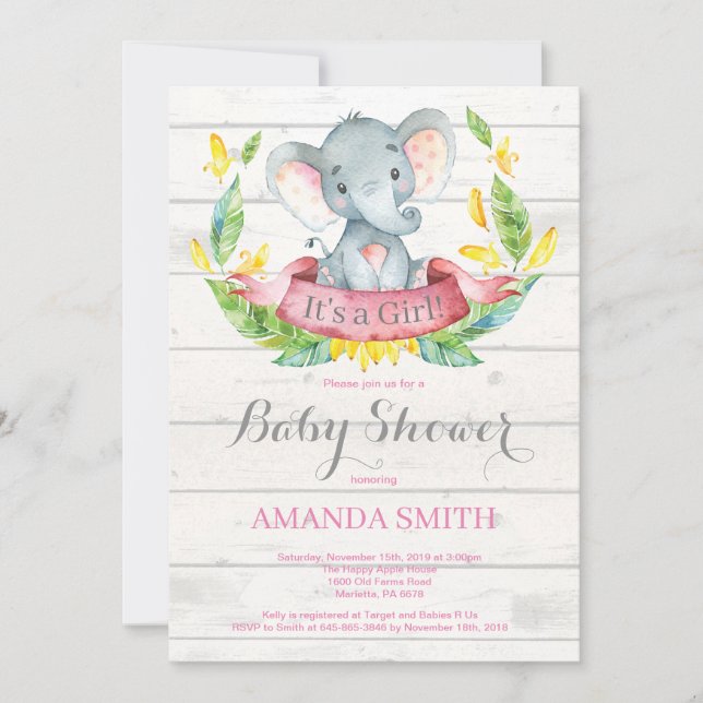 Rustic Girl Elephant Baby Shower-Rosa Inbjudningar (Framsida)