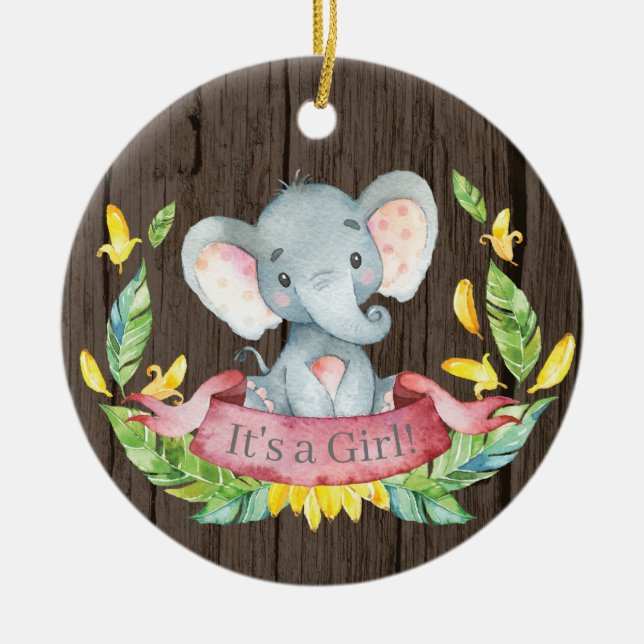 Rustic Girl Elephant Baby Shower Rosa Julgransprydnad Keramik (Framsidan)